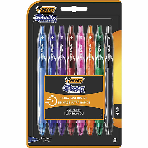 BIC Gel-ocity Quick Dry Stylos-Gel Rétractables Pointe Moyenne (0, 7 mm) - Couleurs Assorties, Blister de 8