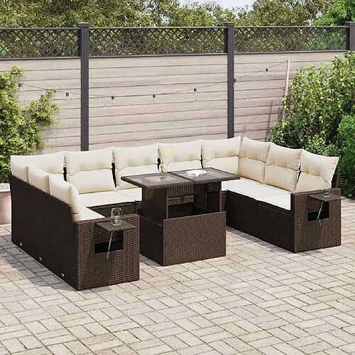 vidaXL Salon de jardin 10 pcs avec coussins marron résine tressée