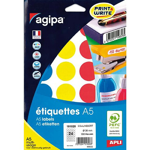 Pastille adhésive Ø 30 mm Agipa 101828 couleurs assorties - Pochette de 168