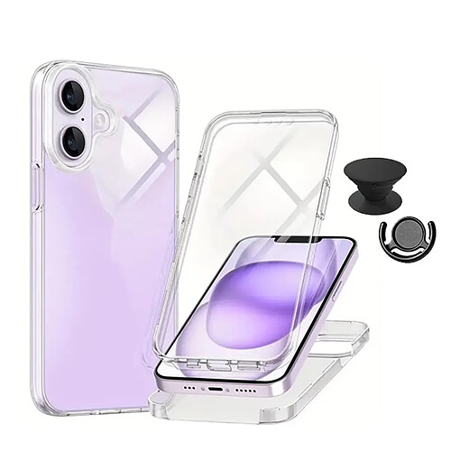 Kit Housse 3X1 Protection Impact 360° + 1 Gripholder + 1 Support Gripholder Noir Phonecare Pour Apple iPhone 16 Plus - Transparent/Noir