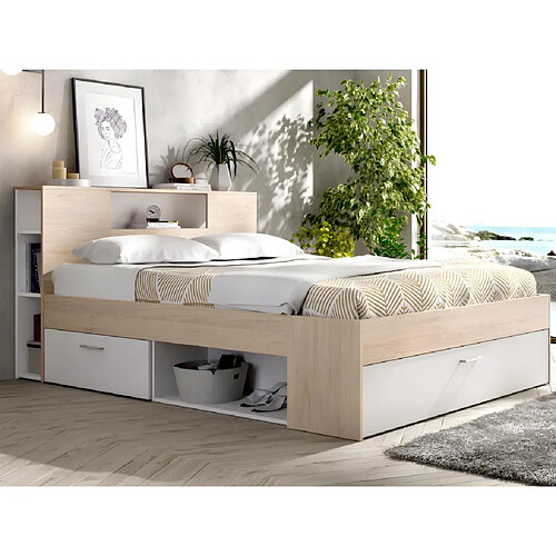 Vente-Unique Lit avec tête de lit rangements et tiroirs - 140 x 190 cm - Coloris : Naturel et blanc + Sommier + Matelas - LEANDRE