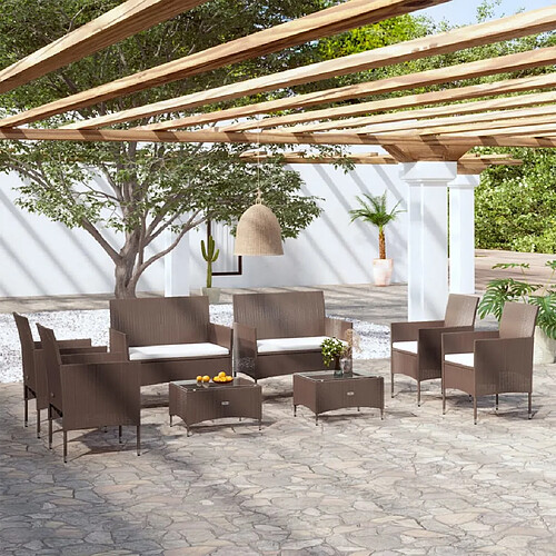 vidaXL Salon de jardin 8 pcs avec coussins résine tressée marron