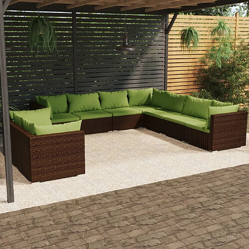 vidaXL Salon de jardin 9 pcs avec coussins Marron Résine tressée