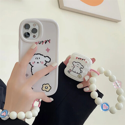 GUPBOO Étui pour iPhone11ProMax Shy blush petit chien blanc simple chaîne de perles de coque de téléphone portable