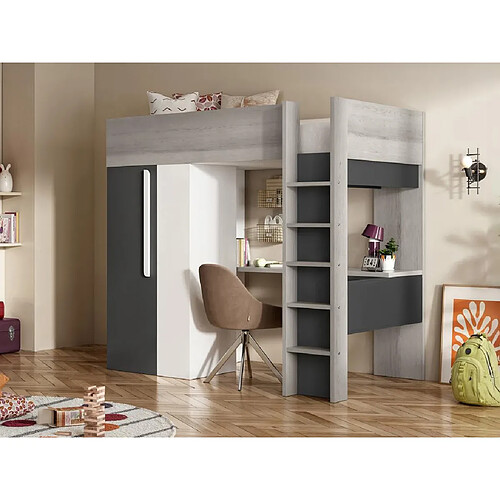 Vente-Unique Lit mezzanine 90 x 200 cm avec armoire et bureau - Anthracite et blanc + matelas - NICOLAS II