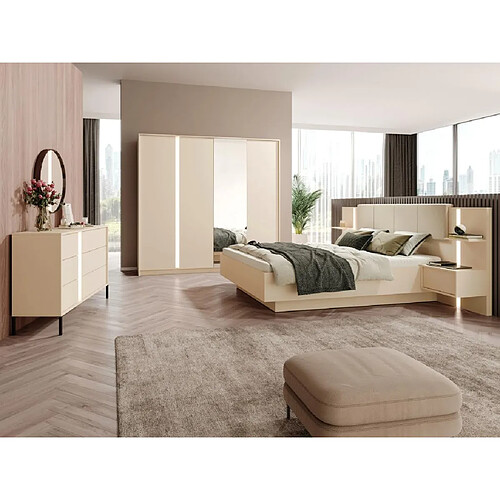 Vente-Unique Lit coffre avec chevets 160 x 200 cm - Avec LEDs - Coloris : Beige - ELYNIA