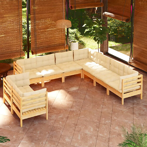 vidaXL Salon de jardin 9 pcs avec coussins crème bois de pin massif