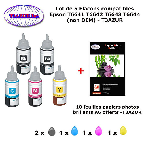 5 flacons compatibles Epson T6641 T6642 T6643 T6644 T66XL pour Epson Ecotank ET 2600 2650 3600 4500 -10f A6 brillantes -T3AZUR