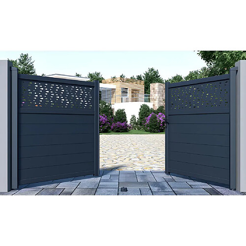 Vente-Unique Portail battant aluminium semi plein à motifs L305 x H166 cm anthracite - BAZIO