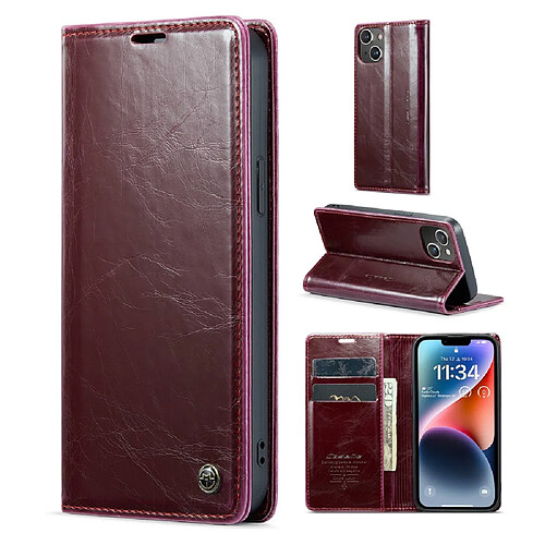 Etui en PU CASEME rétro texture cireuse, fermeture magnétique avec support pour votre iPhone 14 - rouge