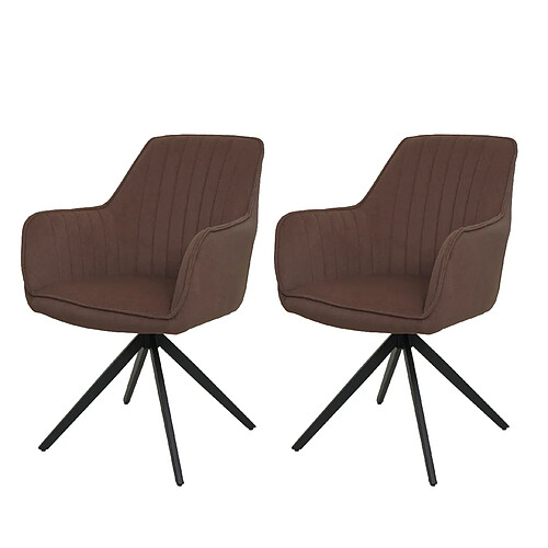 Decoshop26 Lot de 2 chaises de salle à manger pivotant avec accoudoir forme arrondie avec coutures décoratives cadre métal et tissu marron 04_0007372