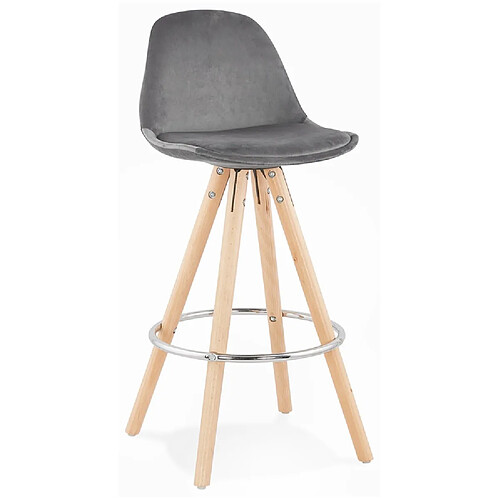 Alterego Tabouret snack mi-hauteur 'SPIRIT MINI' en velours gris et pieds en bois naturel