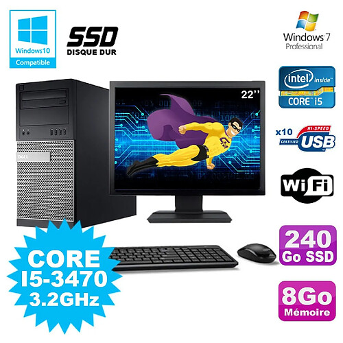 Lot PC Tour Dell 790 I5-3470 3.2Ghz 8Go 240Go SSD DVD WIFI Win 7 + Ecran 22" · Occasion