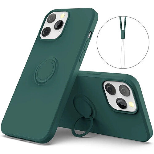 Coque en silicone facile à nettoyer avec béquille réglable et sangle vert noirâtre pour votre Apple iPhone 13 Pro 6.1 pouces