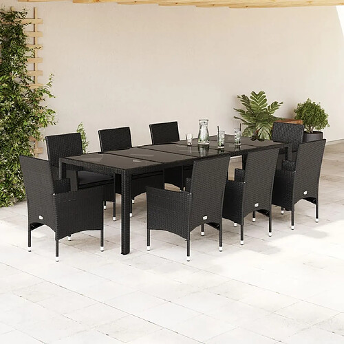 vidaXL Ensemble à manger de jardin et coussins 9 pcs noir rotin verre