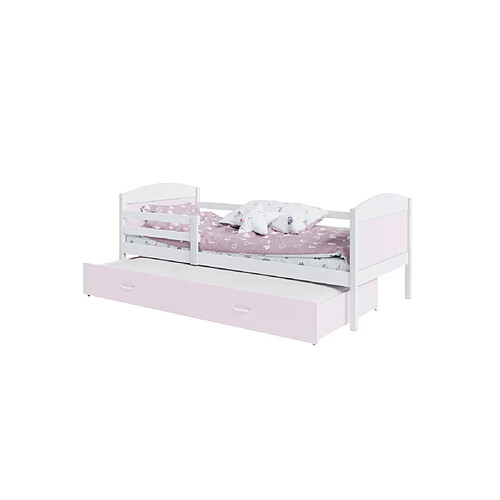 Kids Literie Lit Gigogne Mateo 90x190 Blanc - rose Livré avec sommiers, tiroir et matelas en mousse de 7cm