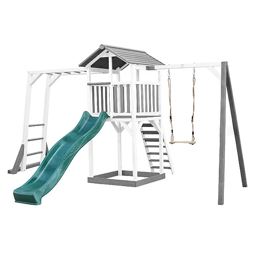 AXI Beach Tower Aire de Jeux avec Toboggan en VERT, Cadre d'escalade, Balançoire & Bac à Sable | Grande Maison Enfant extérieur en Gris & BLANC | Cabane de Jeu en Bois FSC