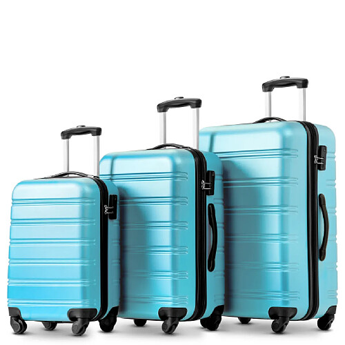 LBF Lot de 3 valises rigides à roulettes - En ABS - Avec serrure TSA et 4 roulettes - Pour homme et femme - Avec mallette rigide - Bagage à main - Tailles M, L, XL, bleu clair, Valise souple à 4