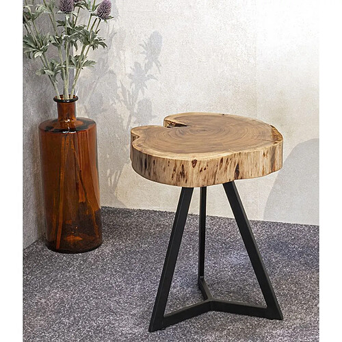 Pegane Table d'appoint ronde en bois coloris naturel et métal noir -diamètre 38 x hauteur 43 cm