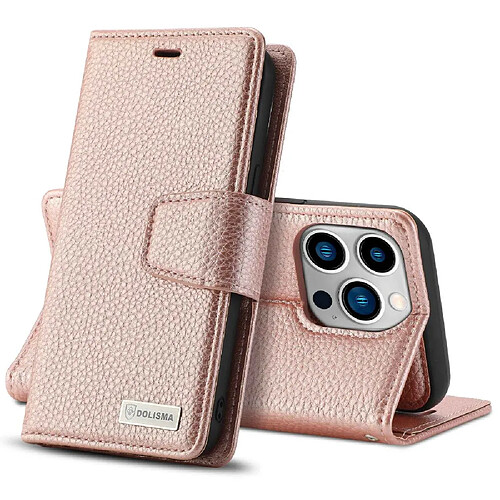 Etui en PU texture litchi, magnétique avec support pour votre iPhone 14 Pro - or rose