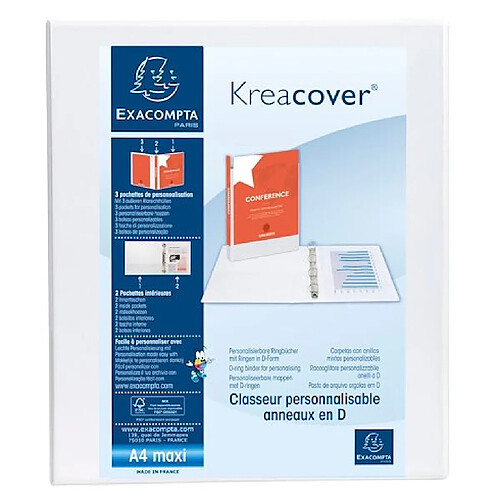 Exacompta Classeur PP personnalisable Kreacover - 4 anneaux en D 20mm - A4 maxi - Blanc - Lot de 10