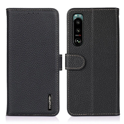 Etui en cuir véritable Couche supérieure de surface de peau de litchi noir pour votre Sony Xperia 5 III