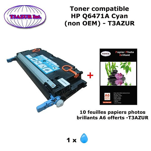 Toner générique HP Q6471A pour HP Color LaserJet 3800, 3800DN Cyan + 10f papiers photos A6 -T3AZUR