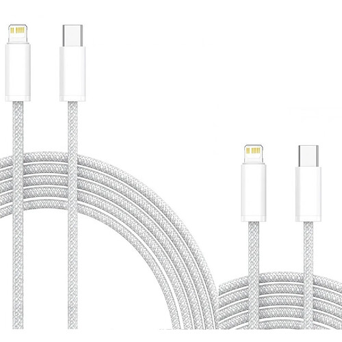 Cables X2 Type-C Charge Rapide 3A Nylon Renforce Argent 1m Pour iPhone 8 / X / XR / 11 / 12 / 13 / SE 2022 Little Boutik®