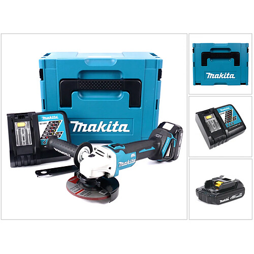 Makita DGA 504 Y1J-D 18 V Meuleuse sans fil Ø 125 mm + Coffret de transport MAKPAC + 1x Batterie BL 1815 N + Chargeur DC18RC