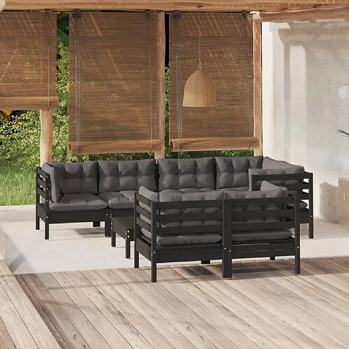 vidaXL Salon de jardin 8 pcs avec coussins Noir Bois de pin massif