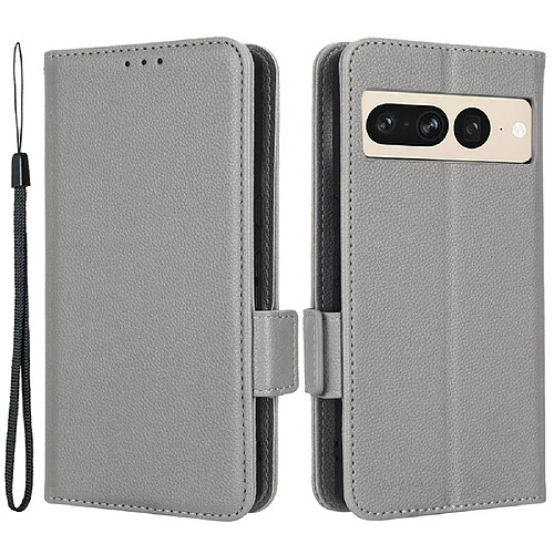 Etui en PU texture litchi, fermoir magnétique double, anti-chocs avec support pour votre Google Pixel 7 Pro 5G - gris