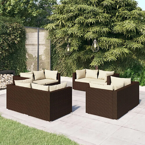 vidaXL Salon de jardin 8 pcs avec coussins Résine tressée Marron