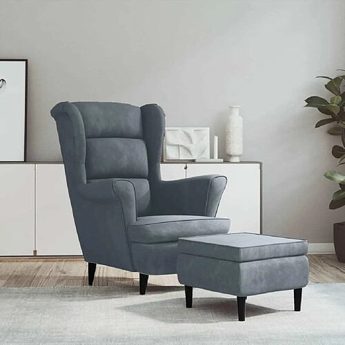 Maison Chic Fauteuil relax,Chair à oreilles avec tabouret gris foncé velours -MN12411