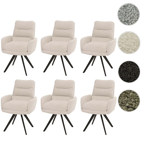 Mendler Lot de 6 chaises de salle à manger HWC-G66, chaise de cuisine, pivotante Auto-Position Tissu/Textile Bouclé MVG ~ blanc crème, avec accoudoirs