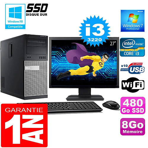 PC Tour DELL 7010 Core I3-3220 Ram 8Go Disque 480 Go SSD Wifi W7 Ecran 27" · Occasion