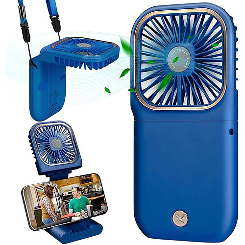 Ventilateur USB Mini Ventilateur Ventilateur à Main Suspendu Silencieux, Rechargeable par USB à 3 Vitesses, Ventilateur Pliable et Portable pour la Maison, le Bureau et les Voyages (Bleu)