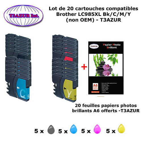 20 cartouches compatibles LC985 XL pour Brother DCP J125 J140W J265W J315W J515W MFC J415W +20f A6 brillantes -T3AZUR