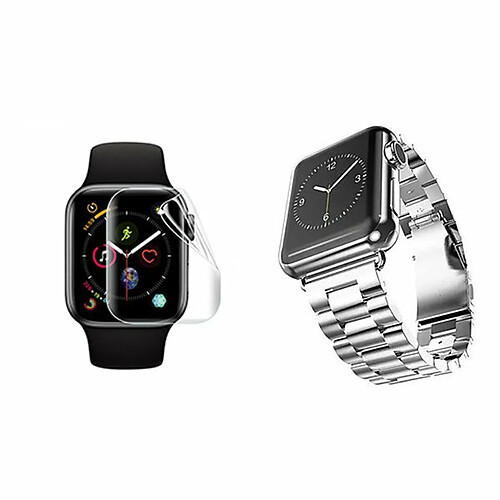 PHONECARE Kit Bracelet en Acier Inoxydable Taille Ajustable Avec Fermoir par Clic + Outil+ Film de Protection d'écran en Gel pour Apple Watch Series 7 - 41mm - Gris