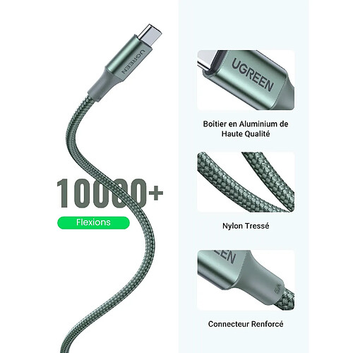 UGREEN Cable USB C vers USB C PD 100W 5A 20V Cable USB Type C Nylon Tresse Charge Rapide et Sync Compatible avec iPhone 15 Plus Pro Max MacBook Pro iPad Pro Galaxy S24 Plus Ultra S23 A54 Vert 1M