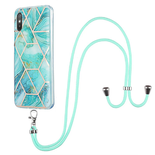 Coque en TPU 2,0mm, électroplaqué IMD double face, épissage motif marbre avec lanière bleu pour votre Xiaomi Redmi 9A