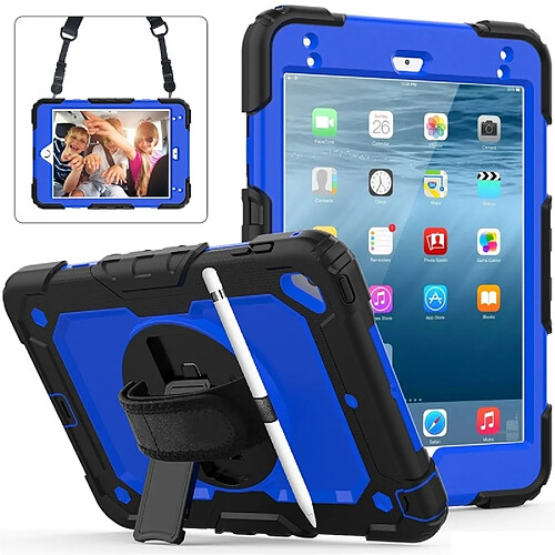 Wewoo Coque Renforcée Gel de silice noir antichoc + Étui de protection coloré pour iPad Mini 2019 / Mini 4 avec support et bandoulière et dragonne et fente stylo bleu