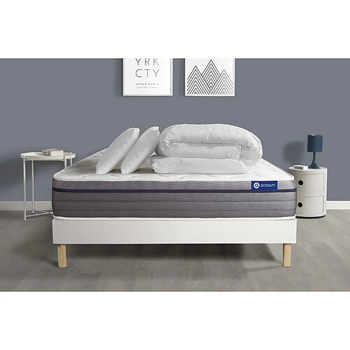 ACTISOM Pack prêt à dormir matelas Ressorts ensachés+Mémoire de forme ACTIFLEX ZEN 140x190 + sommier KIT blanc + 2 oreillers +couette