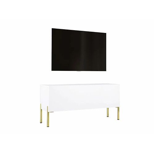 3XELIVING Meuble TV en couleur Blanc mat / Blanc brillant avec pieds droits en or, D: l : 100 cm, H : 52 cm, P : 32 cm