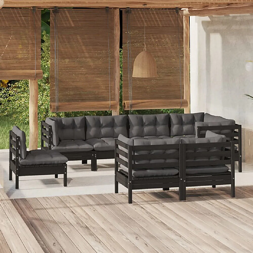 vidaXL Salon de jardin 8 pcs avec coussins Noir Bois de pin massif