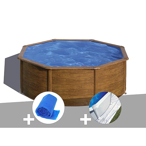 Kit piscine acier aspect bois Gré Sicilia ronde 3,70 x 1,22 m + Bâche à bulles + Tapis de sol