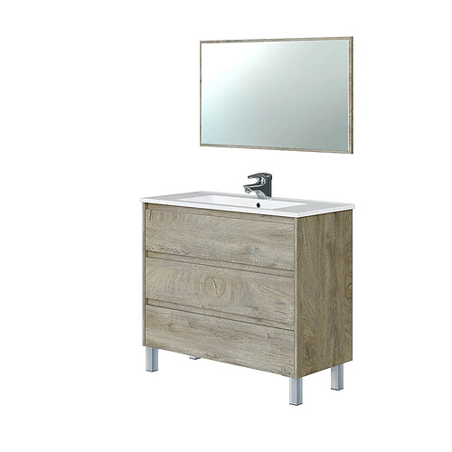 Pegane Meuble de salle de bain de 3 Tiroirs + Miroir coloris alaska chêne nordic -Longueur 100 cm x Hauteur 86 cm x Profondeur 45 cm