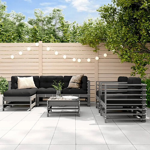 vidaXL Salon de jardin 7 pcs avec coussins gris bois massif