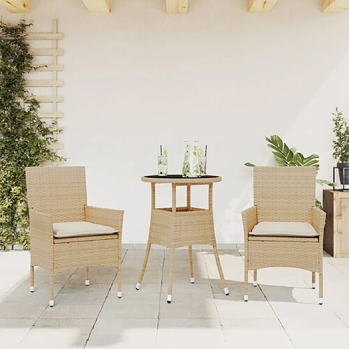 vidaXL Ensemble à manger de jardin et coussins 3 pcs beige rotin verre