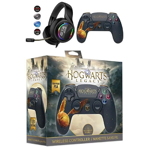 Freaks And Geeks Manette PS4 Bluetooth Harry Potter Hogwarts Legacy Vivet Doré Lumineuse 3.5 JACK + Casque PRO-GTA250 PS4-PS5 PLAYSTATION MULTIPLATE