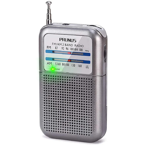 PRUNUS mini radio portable transistor avec Indicateur de Signal et Bouton FM à piles gris